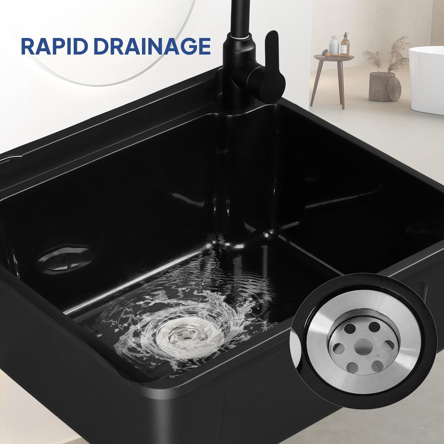 ROVSUN Plastic Wall-Mounted Utility Sink, Wall-Mounted Utility Tub with Wall Bracket, Hot&Cold Faucet, Drain Plug, Perfect for Basement, Laundry Room, Garage or Shop and More, Black