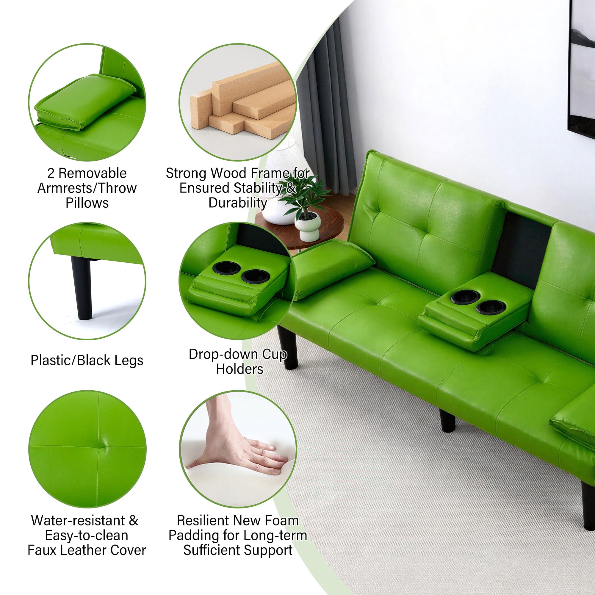 CARZZI LIFE Futon Sofa Bed PU Leather Modern Convertible Futon Couch with Removable Armrests, Cup Holders, Loveseat Sleeper Sofa Bed for Living Room, Apartment, Small Spaces (Green)