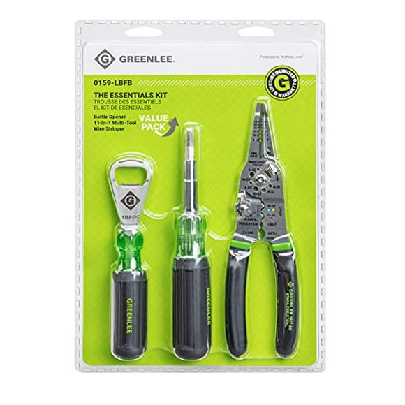 Greenlee, 0159-LBFB, 3-Piece Electrician Tool Kit with Stainless Steel Wire Stripper/Cutter/Crimper, 11-in-1 Multi-Bit Screwdriver and Bonus Stainless Steel Bottle Opener