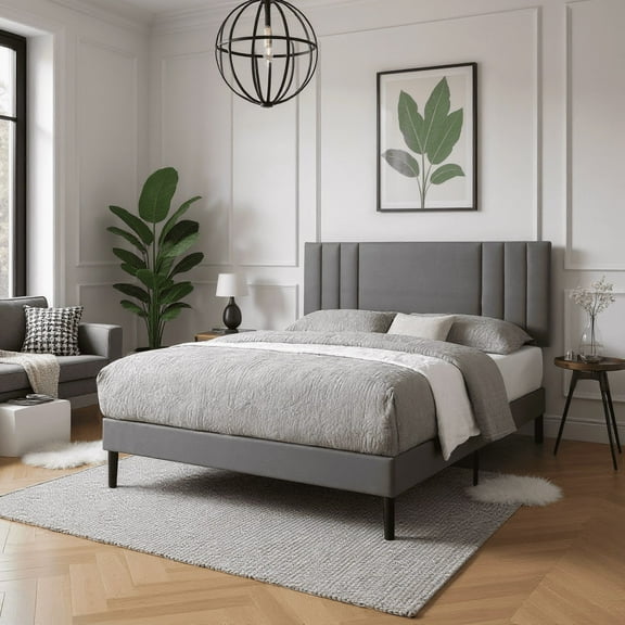 BRGMAUS Full Size Platform Bed Frame with Upholstered Headboard, High-Quality Faux Leather Bed Frame with 12 Wood Slats & Center Support Leg, Adjustable Headboard, Waterproof Easy Clean