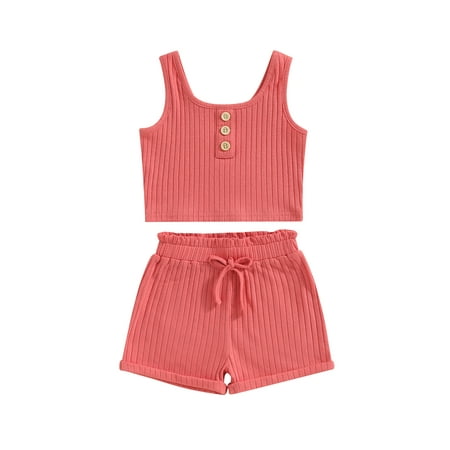 

AMILIEe Toddler Baby Girls 2 Piece Outfits Sleeveless Button Ribbed Cami Tank Tops + Shorts Sets