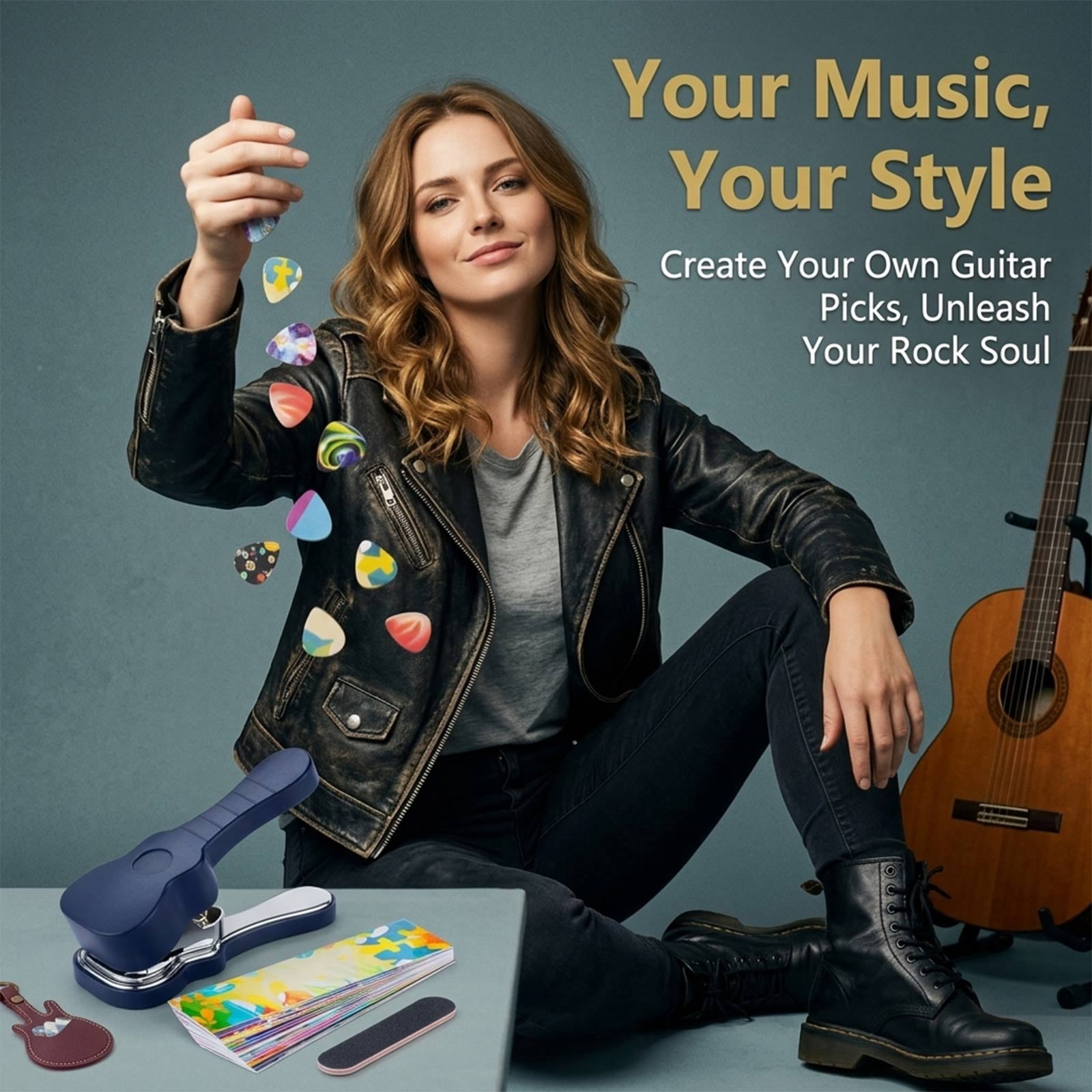 Guitar Pick Punch Kit gift- DIY Guitar Pick Maker, Includes 6 pick strips and a pick file, Leather Key Chain Pick Holder,Easy use unique Gift for Guitar Lovers