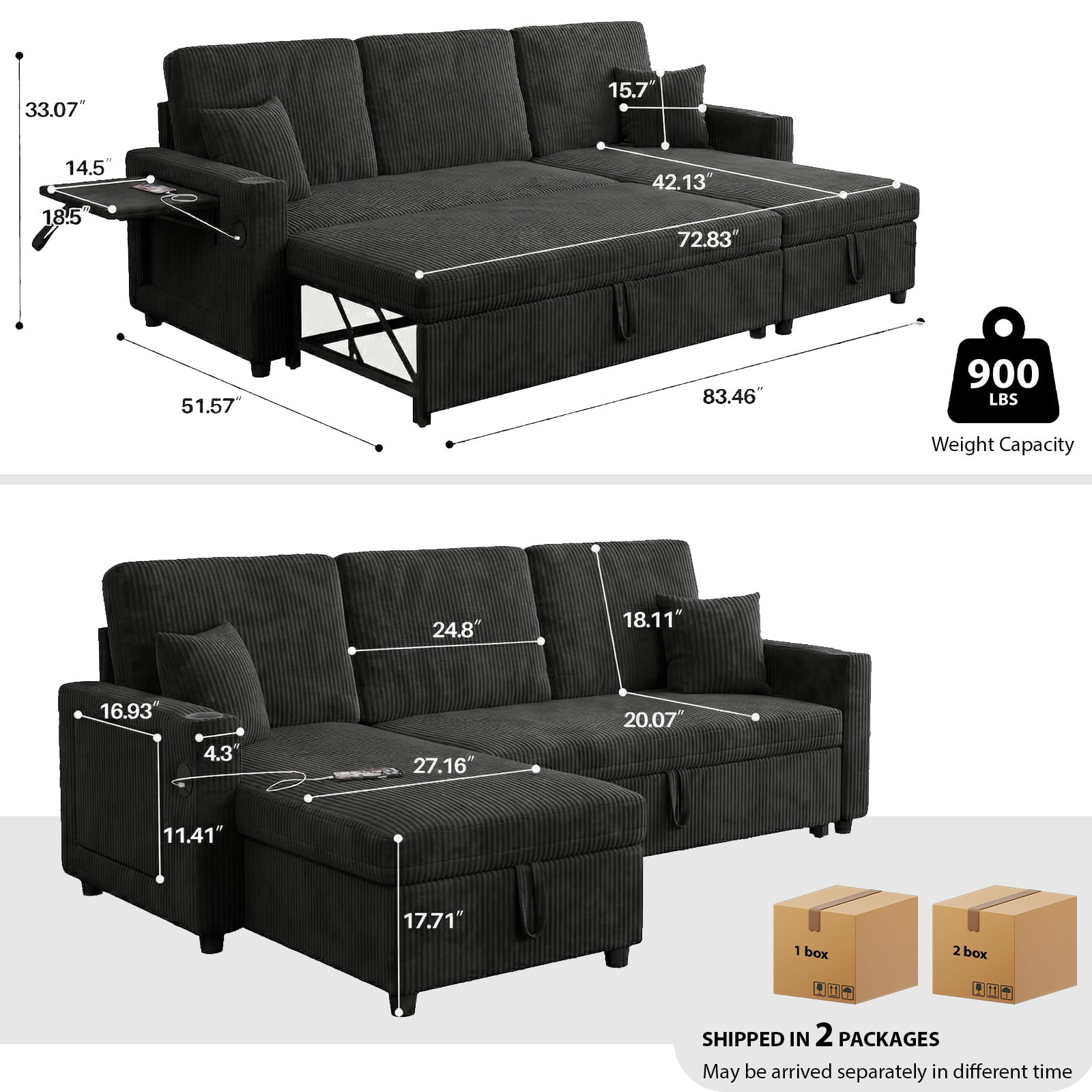 LLappuil Sectional Sofa, 84" Sectional Couch with Storage Chaise, Small Desktop, Cup Holders, Charging Port Convertible Sofa Bed, Corduroy Pull Out Sofa Bed for Living Room Black