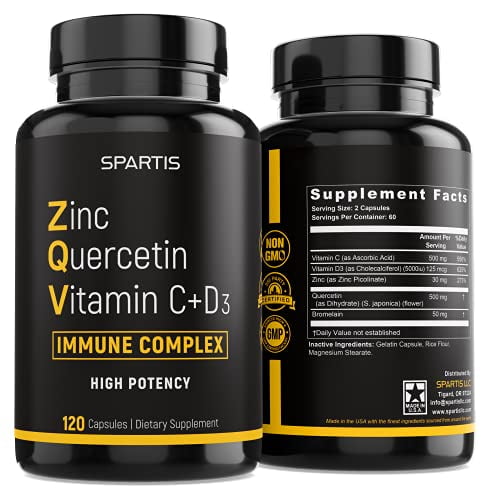 Zinc Quercetin 500mg with Vitamin C Vitamin D3 Bromelain Immune Support High Potency Anti Inflammatory Quercetin Zinc Supplement Immunity Booster ZQV Immune Complex (120-Ct)