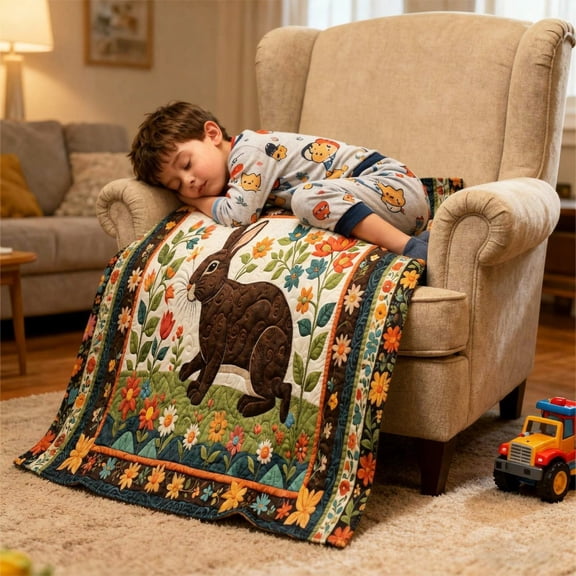 Kozzylandra Throw Print Blanket,Cottage Garden Quilt Print Soft Polyester Lightweight All-Season Portable Lap Blanket for Sofa Travel, 39"x27.6"(Rabbit)