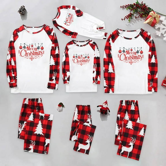 Odeerbi Christmas Pajamas for Family Holiday Long Sleeve Family Christmas Pajamas Matching Sets Mom Parent Child Outfit Printed Loungewear Two-Piece Sleepwear Xmas PJs Set White