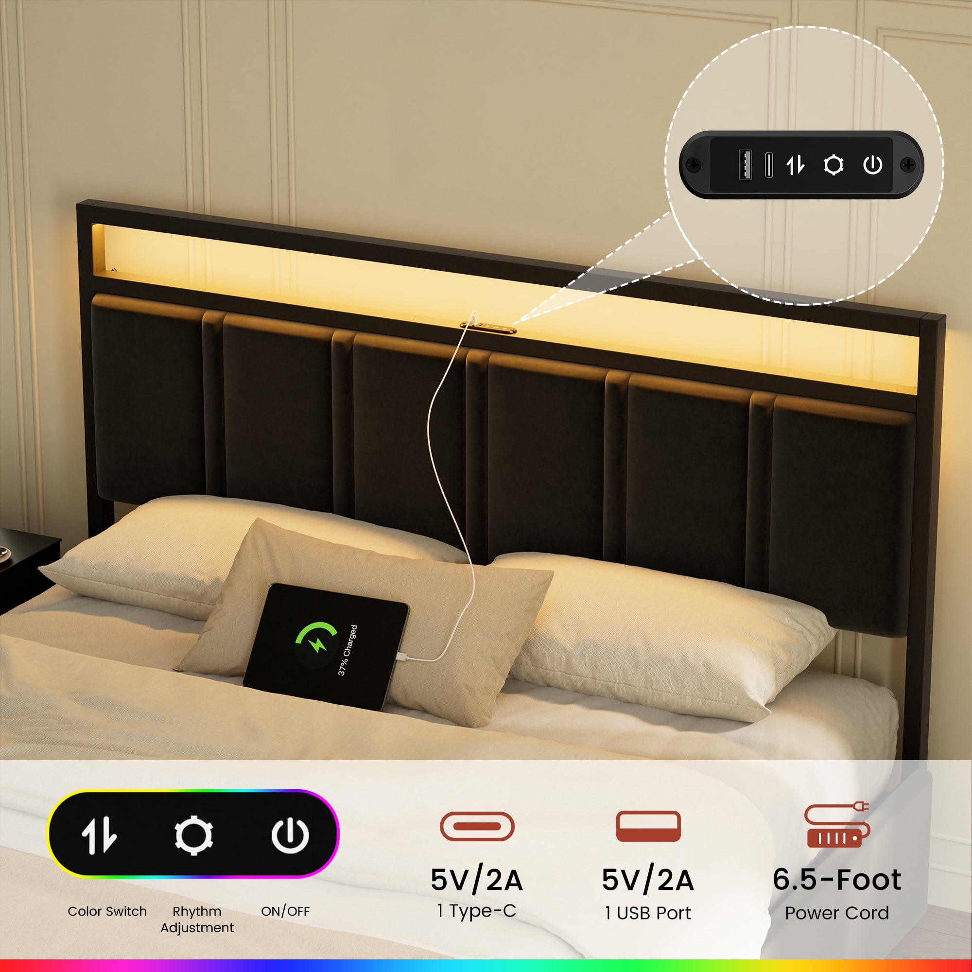GUNAITO Queen Bed Frame with Headboard, Platform Bed with 2 Drawers, Velvet Upholstered Bed Frame with LED Lights & Charging station，Black