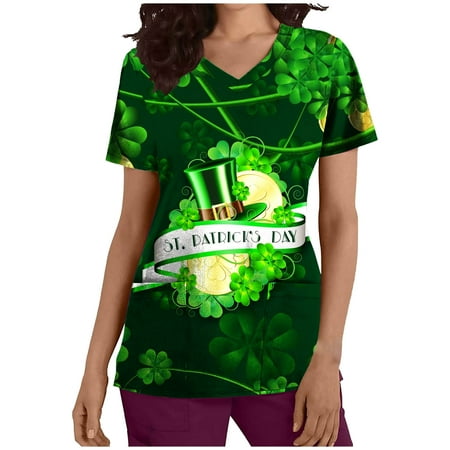 

KIJBLAE St.Patrick s Day Shirts for Women V-Neck T-shirt Clover Print Tops Short Sleeve Tees Tunic Scrub Pocket Blouses Working Uniform Clothes for Girls White S Rollbacks