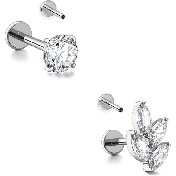 16G Silver Stud Earrings Flat Back - G23 Titanium Internal Thread Clear CZ Cartilage Earrings for Women