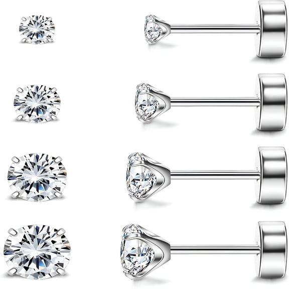 DESIGNICE Hypoallergenic Flat Back Earrings for Women,4 Pairs Implant Grade Titanium Stud Earrings with Flat Backs for Cartilage,Screw Back Pure Titanium Earrings Set for Sensitive Ears with Cz