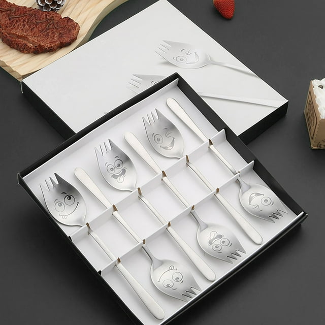 Boreal Craft Spoons Set 6 Pieces Silver Stainless Steel Happy Face Funny Facial Expression Engraved Good For 7.72 Inch Flatware Reusable Long Handles Metal Set Dining Table round Set for 4 round Tall