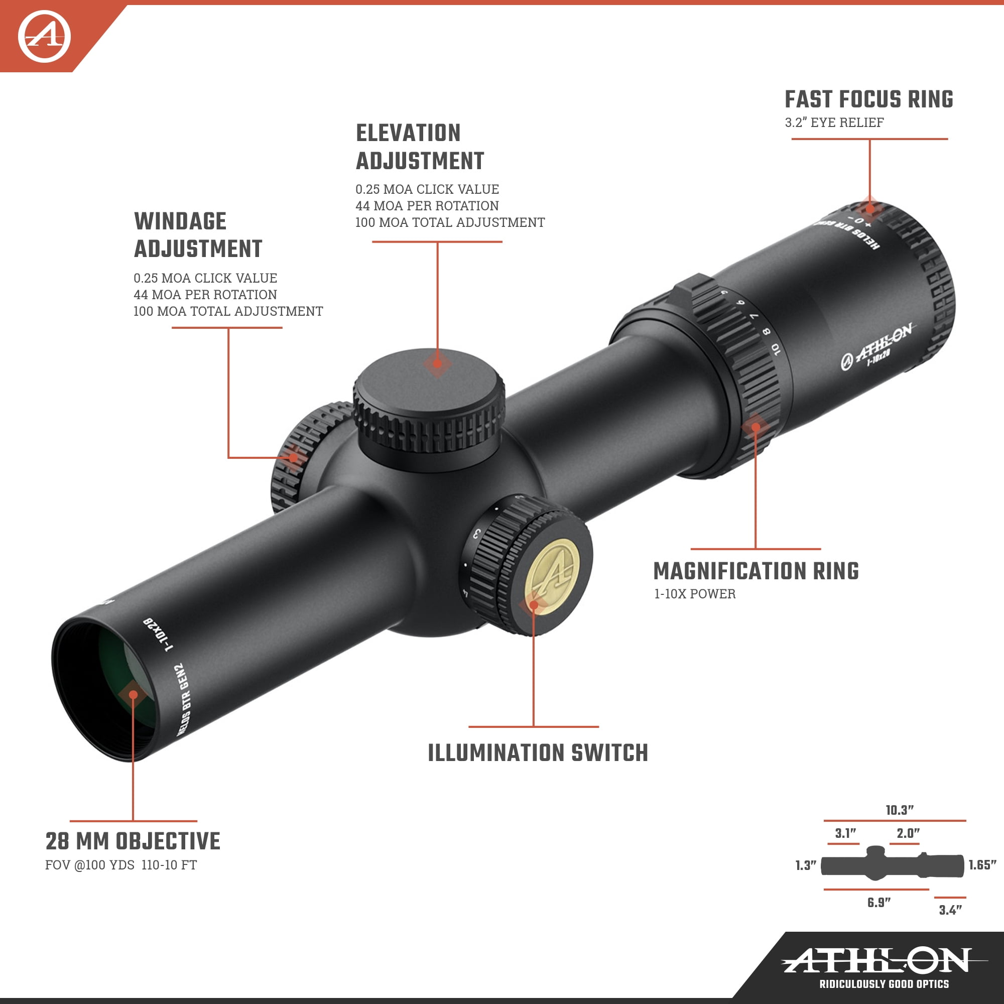 Athlon Optics Helos BTR Gen 2 Rifle Scope 1-10x 28mm Illuminated ATMR4 MOA Reticle Matte Black