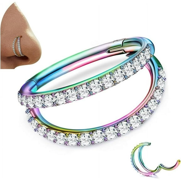 G23 Titanium Nose Rings Hoops 16G 18G Double Hoop Septum Click Nose Rings Lip Rook Lobe Tragus Helix Cartilage Daith Conch Earrings Clear CZ Paved Nose Piercing Jewelry for Women Men Rainbow,Double L