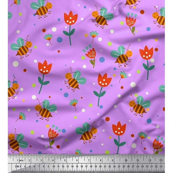 Soimoi Silk Fabric Dot,Floral & Honey Bee Clip Art Print Fabric by The Yard 42 Inch Wide