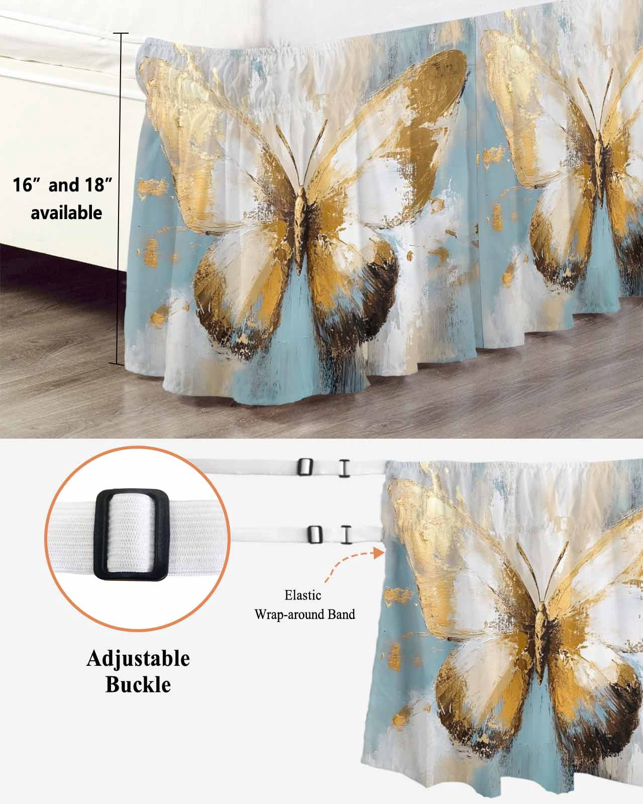 Butterfly Wrap Around Bed Skirts for King Bed 16" Drop, Bed Skirt with Adjustable Elastic Belt Dust Ruffle Bed Valance for Bedroom Hotel Luxury Modern Abstract Teal Brown Oil Painting Bed Frame Cover