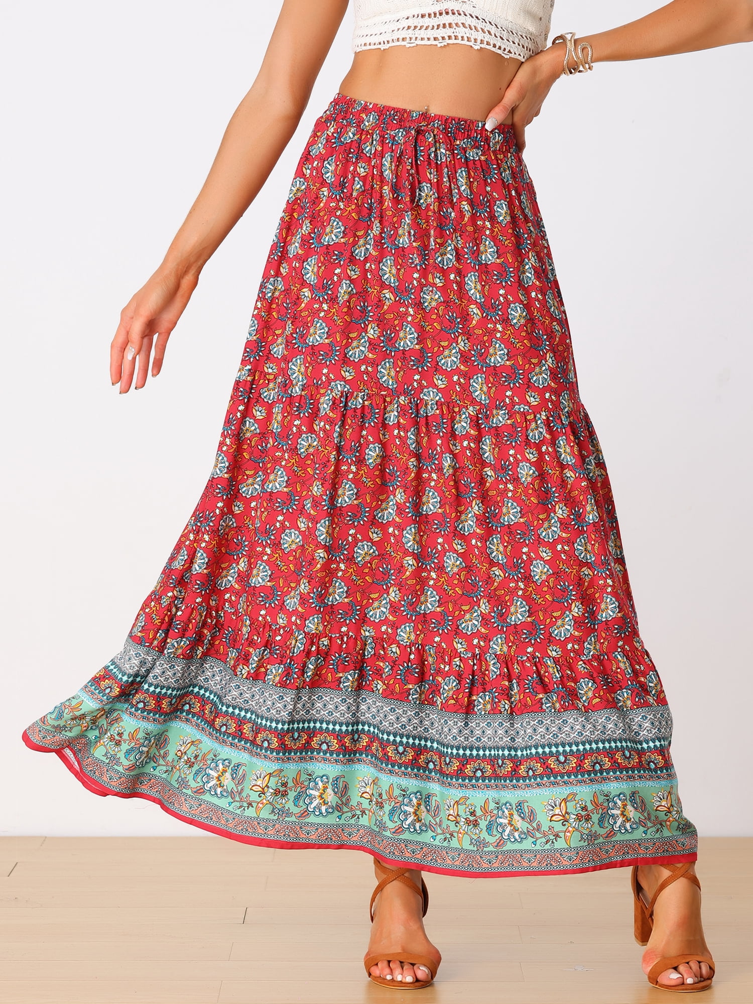 DARING DIVA Women's Boho Flare Floral Skirt M Red
