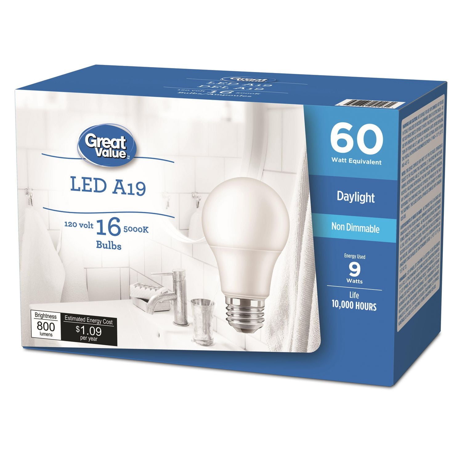 Great Value 60W A19 Daylight LED bulbs 16 Pack, Non-dimmable, 800 lumens