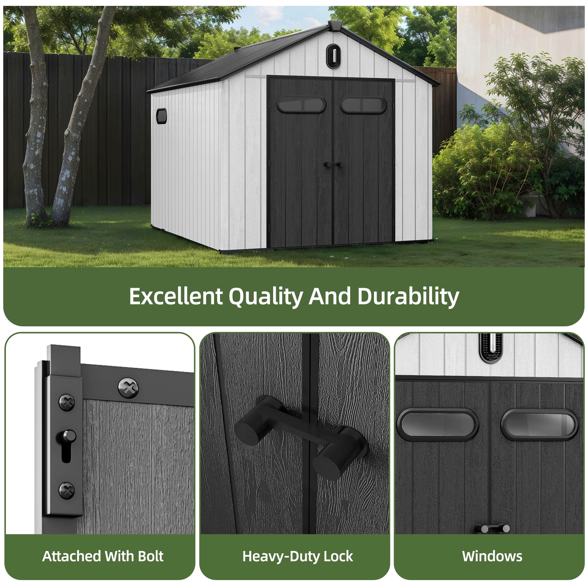 Uforic 8x10ft Outdoor Resin Storage Shed with Floor, 544 cuft Garden Shed with Lockable Door, Windows & Vents, Plastic Tool Storage, Waterproof