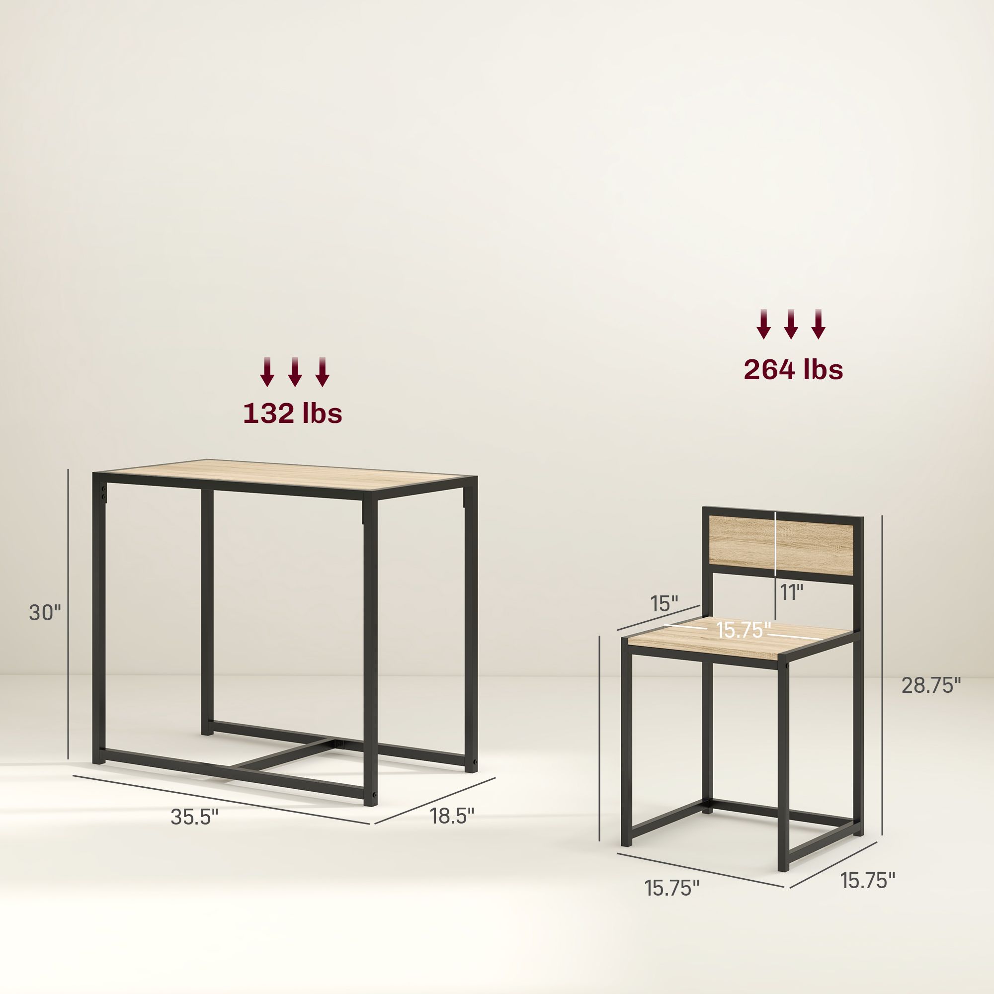 3 Piece Kitchen Table Set with Rectangular Table and 2 Dining Chairs, Oak