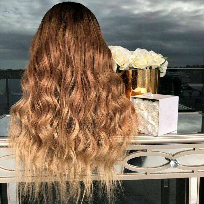 28" Ladies Ombre Blonde Long Curly Wigs Women Natural Body Wavy Hair Cosplay Wig