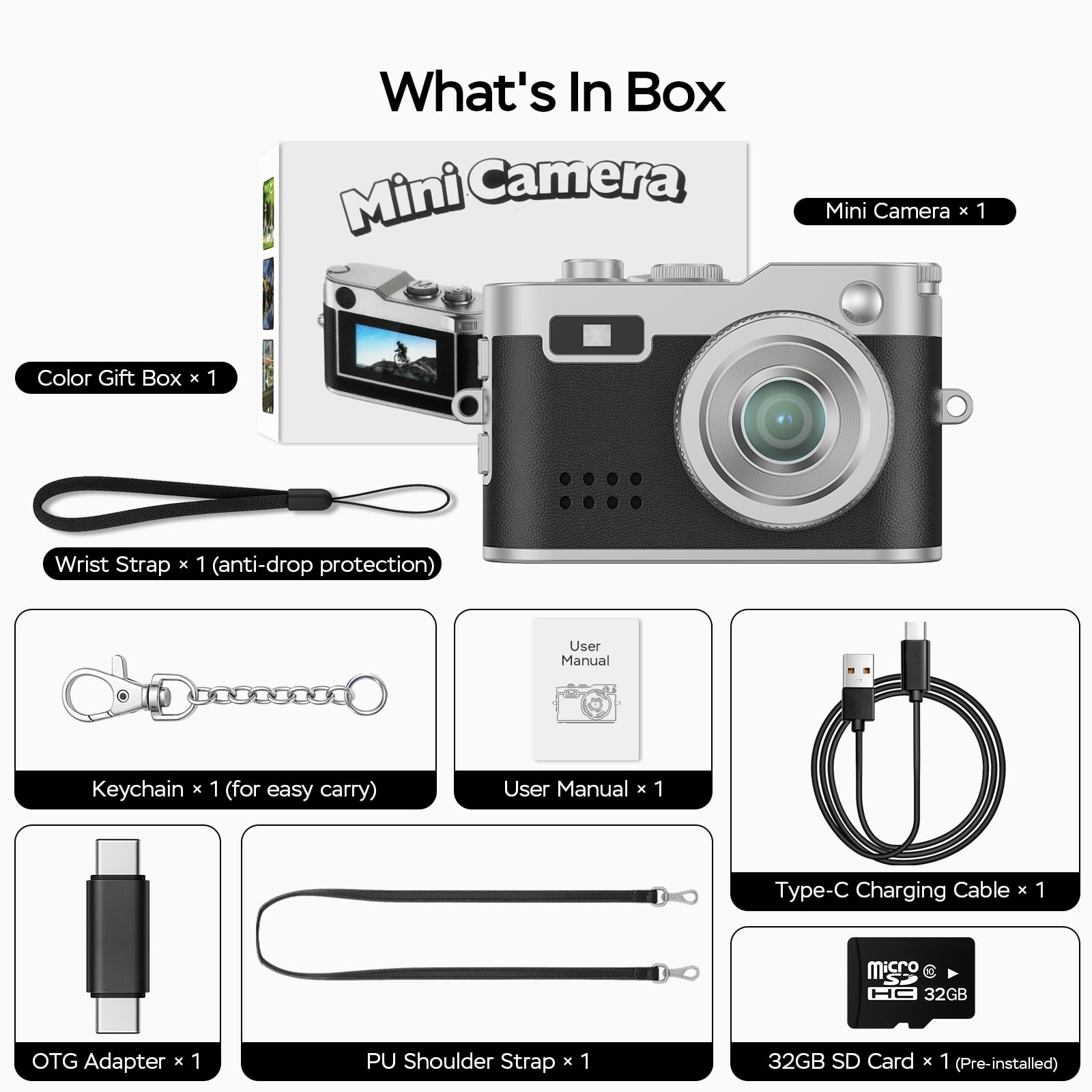 Mini Digital Camera,0.96" Small Keychain Camera,1080P Tiny Camera with 32GB Card, Fill-in light,Landyard,USB Cable for Travel, Concert, Study Recording, Gift for Kids Black