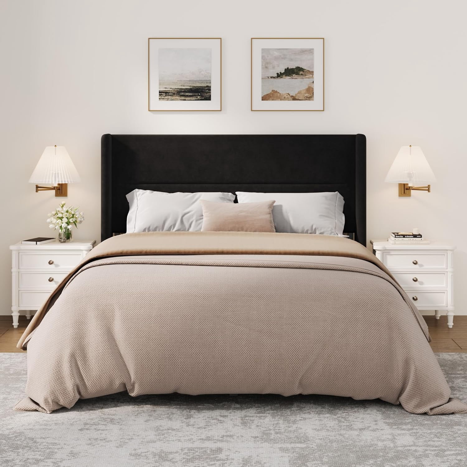 IDEALHOUSE Full Size Bed Frame with Wingback Headboard, Velvet Upholstered Platform Bedframe with Wood Slats, No Box Spring Needed, Easy Assembly, Black