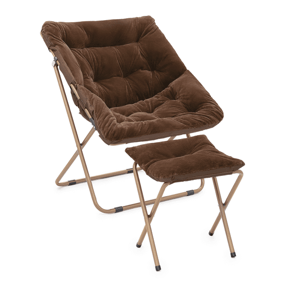 Cozy Chair Square Folding Faux Fur Saucer Chair for Bedroom Living Room Dorm Foldable Metal Frame Oversized Large Comfy Furry Padded Soft Cozy Moon Chair with Footrest Ottoman for Adults (Brown)