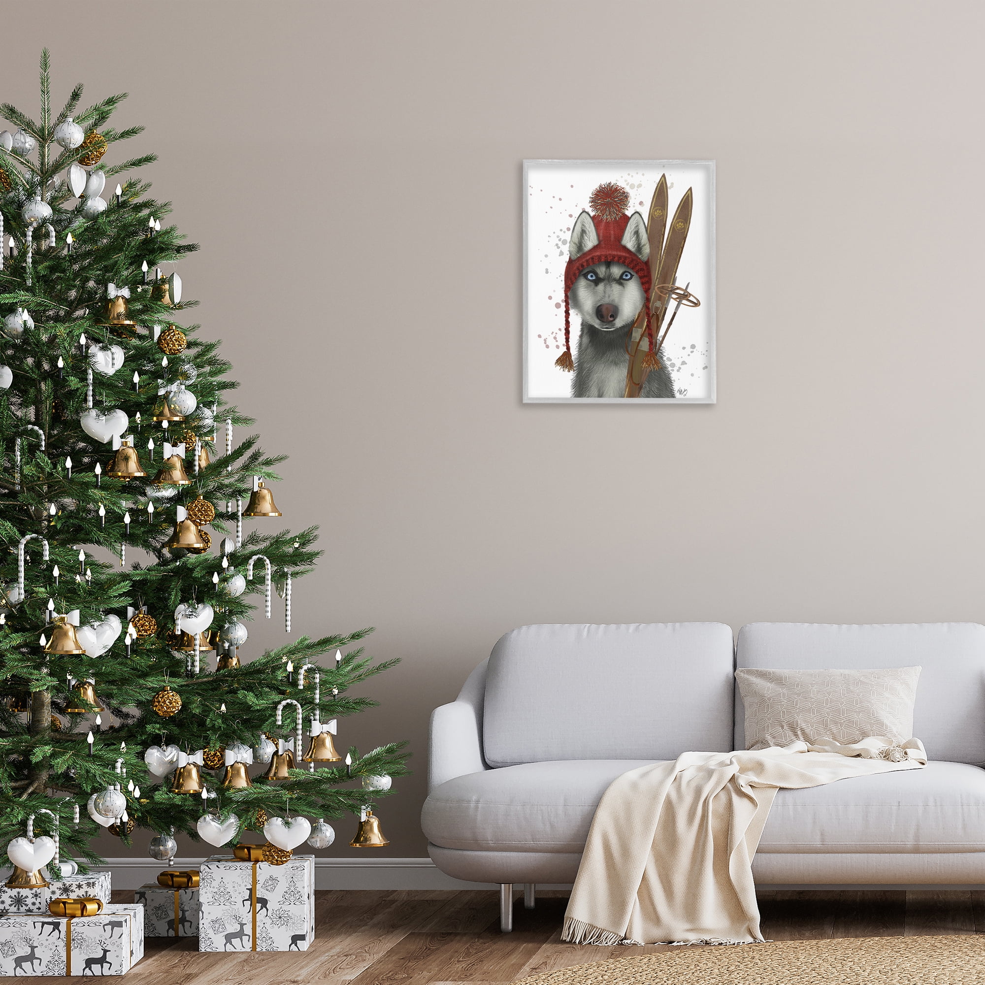 Stupell Industries Husky with Winter Skis Animals & Insects Painting Gray Framed Art Prints Wall Art, 24 x 30
