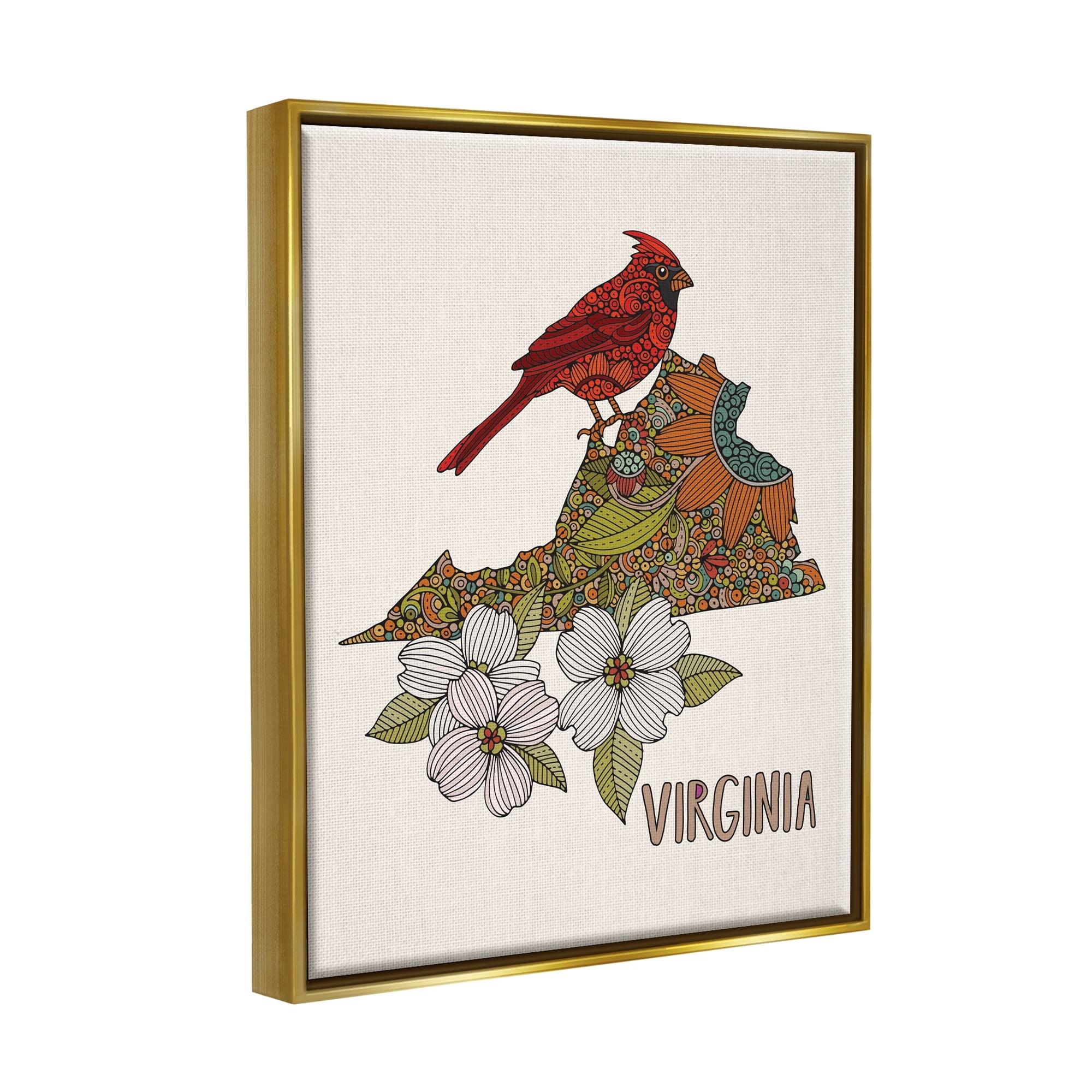 Stupell Industries Virginia Cardinal Bird Intricate Dogwood Floral Pattern Graphic Art Metallic Gold Floating Framed Canvas Print Wall Art, Design by Valentina Harper