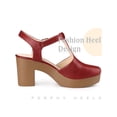 thumbnail image 3 of BLISSFUL STEP Women's Platform T-Strap Block Heels Sandals Solid Round Toe Faux Leather Shoes Red 7, 3 of 5
