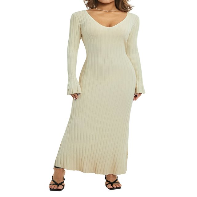 Women Long Sleeve Bodycon Sweater Dress Ribbed Knit Slim Fit Maxi Long Dress