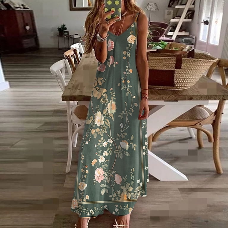 green floral spaghetti strap dress Azazie Maxi Dresses A-Line Wedding Guest Dresses V Neck Green Floral