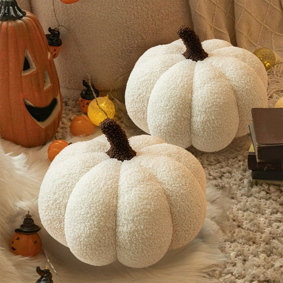 Halloween Pumpkin Pillow Decor, 13.8" Pumpkin Plush Floor Pillow, Fluffy Plush 3D Pumpkin Shaped Decoration Fall Thanksgiving Cushion Pillow Soft Cute Throw for Sofa Couch Supplies (Beige)