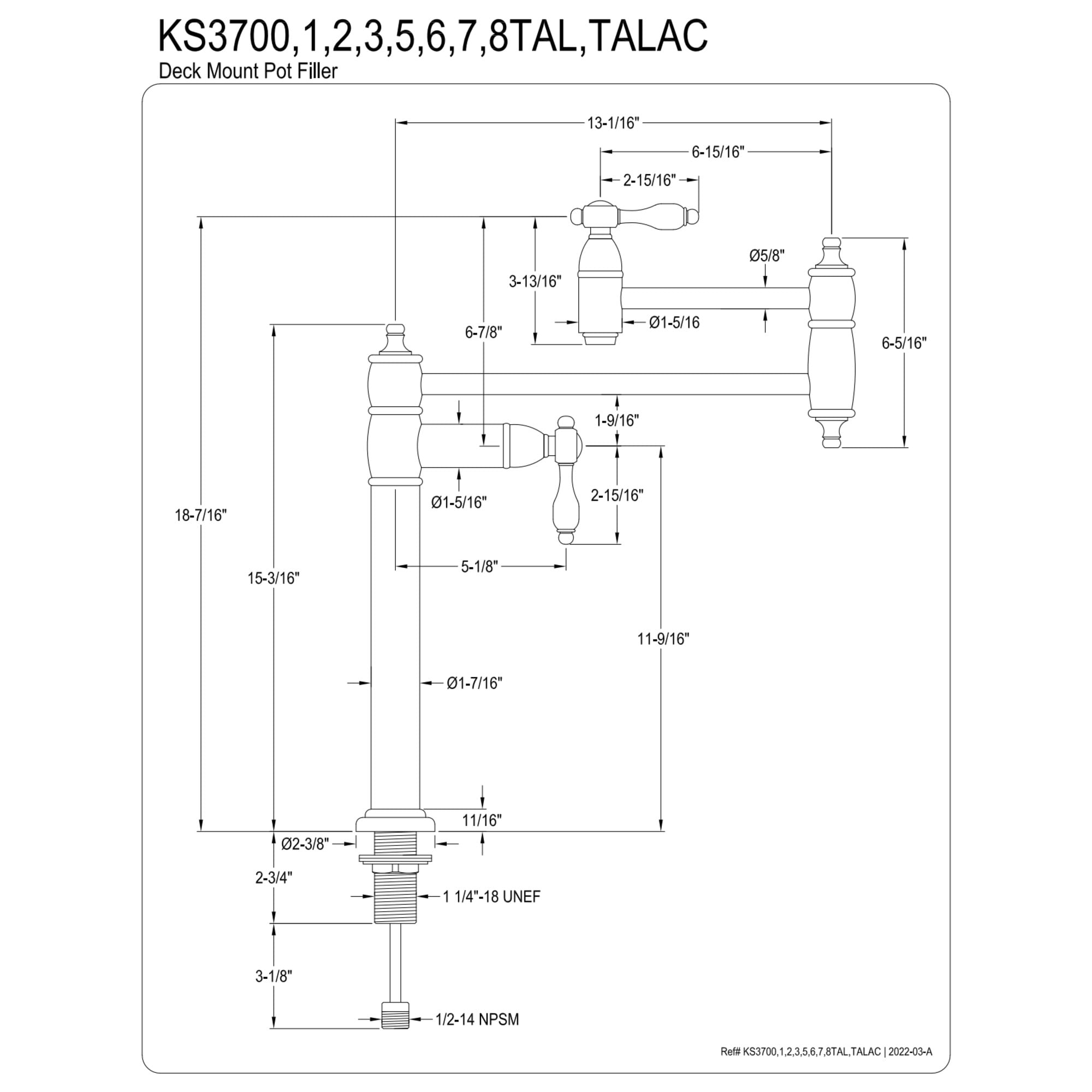 Kingston Brass KS3706TAL Tudor Deck Mount Pot Filler Faucet, Polished Nickel