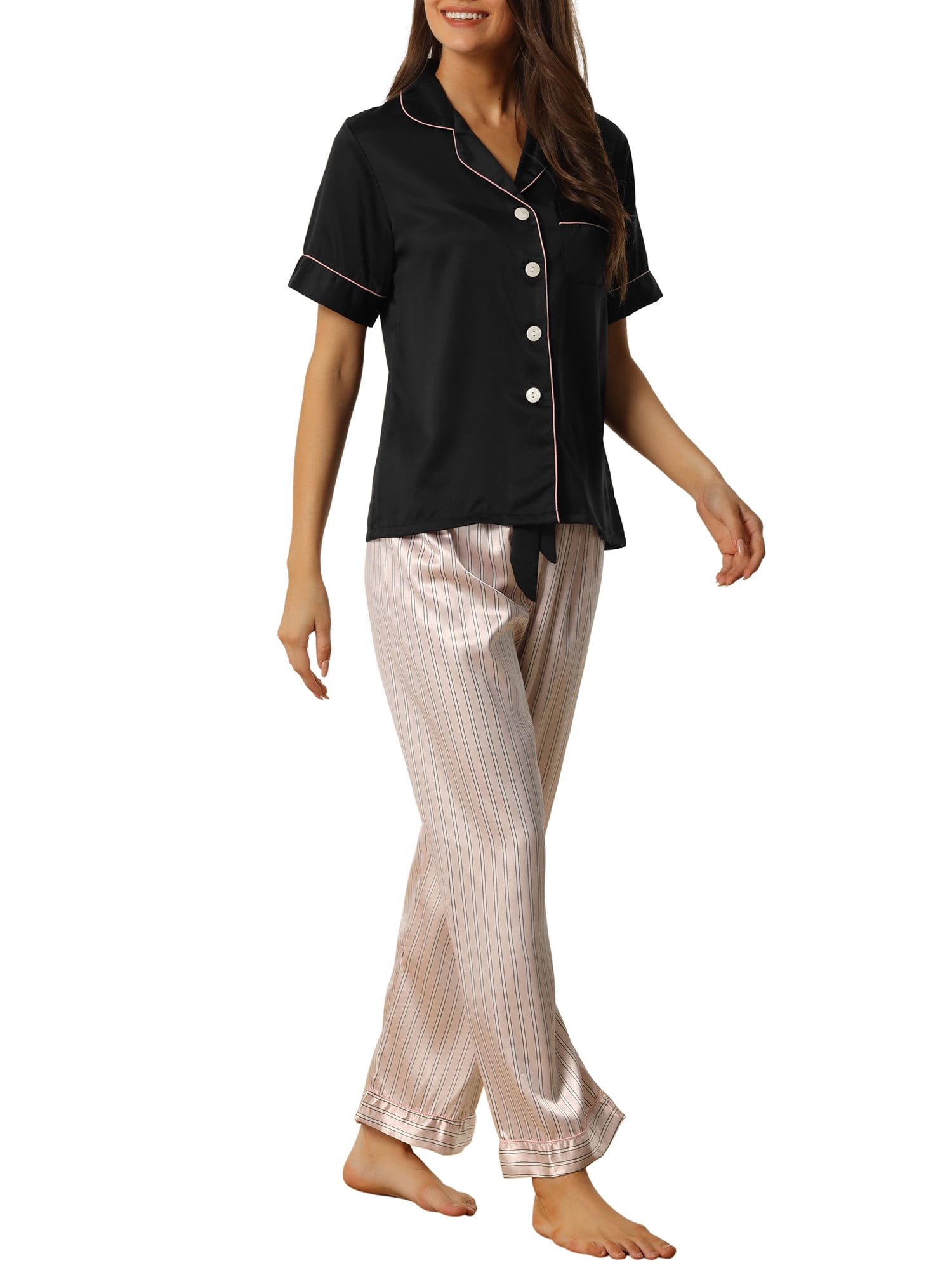 Unique Bargains Womens Satin Sleepwear Short Sleeve Loose Pants Lounge Pajama Sets M Light Pink