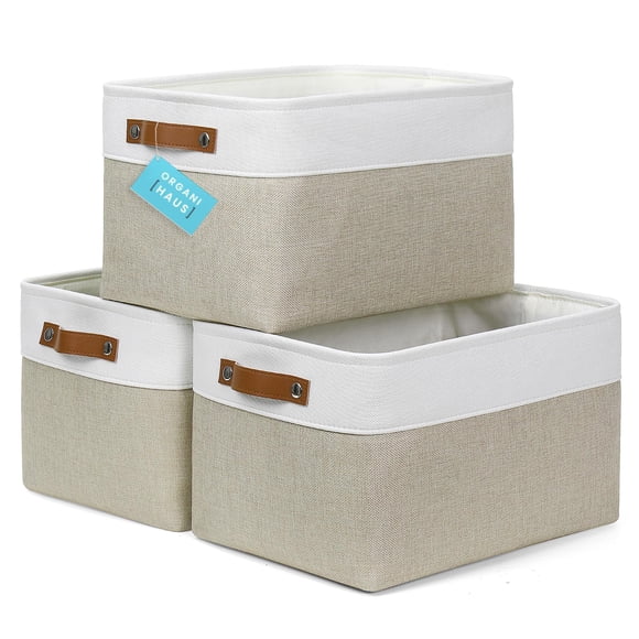 Cestas de almacenamiento OrganiHaus, tamaño grande, 3 unidades, tela beige/blanca