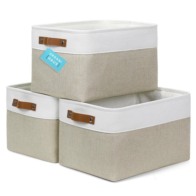 Cestas de almacenamiento OrganiHaus, tamaño grande, 3 unidades, tela beige/blanca