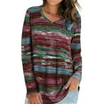 thumbnail image 2 of ZheElen T-shirt Femme Automne Imprimé Col en V Manches Longues Blouse Décontractée, Rouge Vin, L, 2 of 6