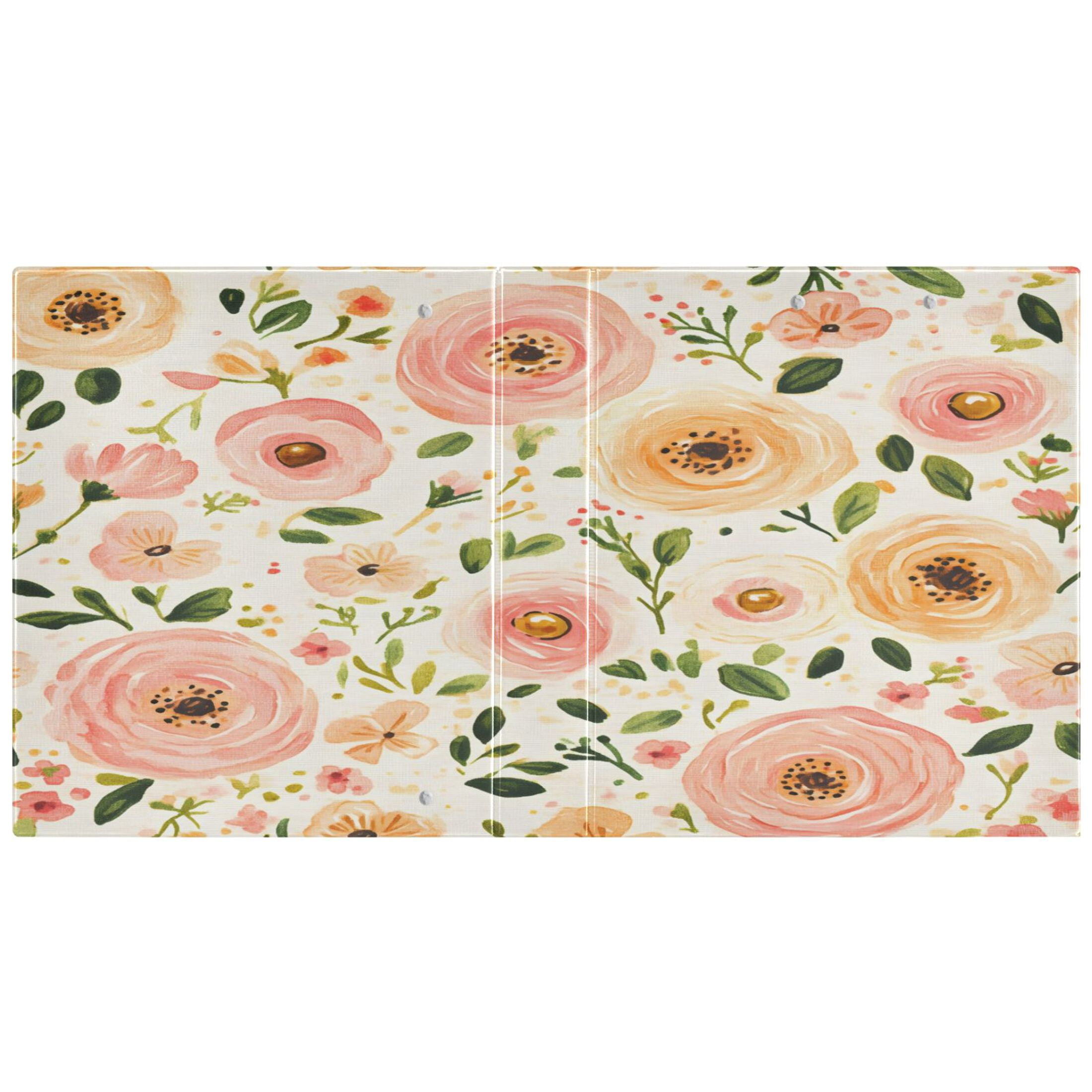 Soft Pink Floral Pattern 12.4x10.6in PVC Round Ring Binder, D-Ring 3-Hole, Metal Clip, 200 Sheets