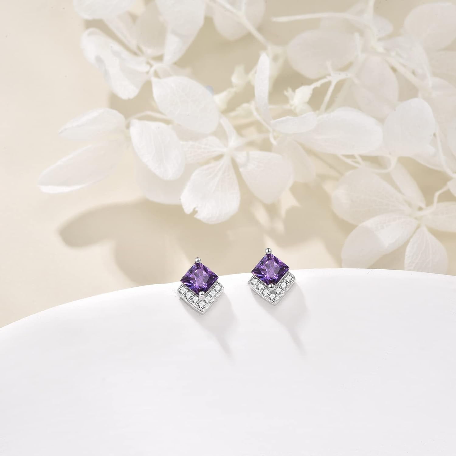 Birthstone Stud Earrings Sterling Silver Square Created Amethyst February Earrings Cubic Zirconia Piercing Jewelry Small Gifts for Women Mothers
