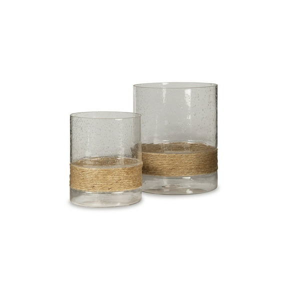 Signature Design by Ashley Eudocia Candle Holder Set, Seeded Glass and Hemp Rope, Shabby Chic Accent, Set of 2