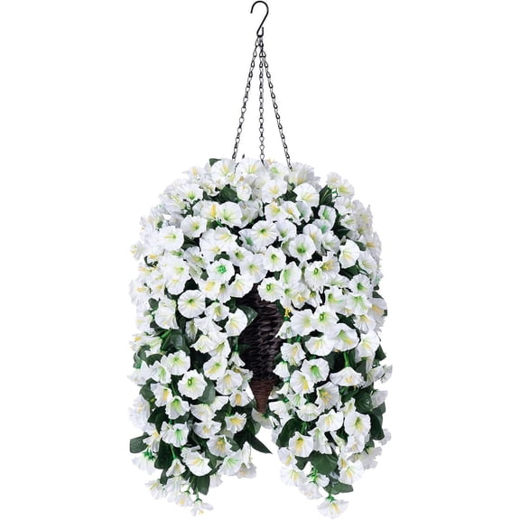 Artificial Fake Flowers Plants Hanging Baskets for Outdoor Outside Decor, Faux Silk Hanging White Morning Glory Trailing Vines UV Resistant for Porch Patio Home Decoration