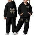 thumbnail image 3 of Girls Winter Outfit Fleece Lined Hoodie And Joggers Comfy Casual Two Piece With Bow Print Fashion Y2K Sweatshirt Comfy Sweatpants with Pockets(Black,8-9 Years), 3 of 8
