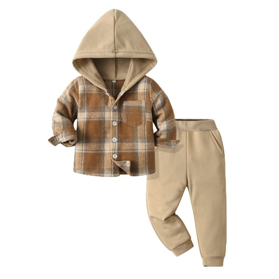 JTieacloth Boys 2-Piece Set Toddler Boys Girls Long Sleeve Casual Plaid Prints Hooded Tops Holiday Shirts T Shirt Pants Outfits,Sizes 18-24 Months(Brown)