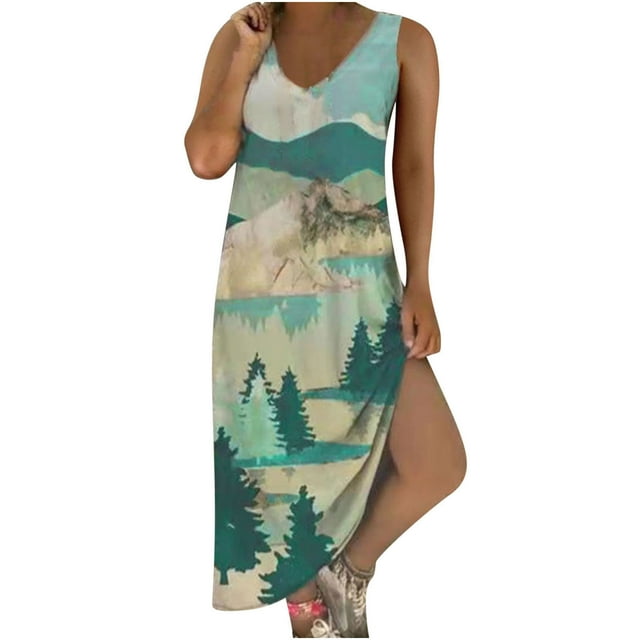 DPTALR Robe Longue Maxi Sans Manches à Col en V avec Poches pour Femmes Grande Taille