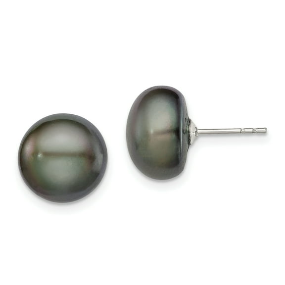 Primal Silver Sterling Silver Rhodium-plated 11-12mm Black Freshwater Cultured Button Pearl Stud Earrings