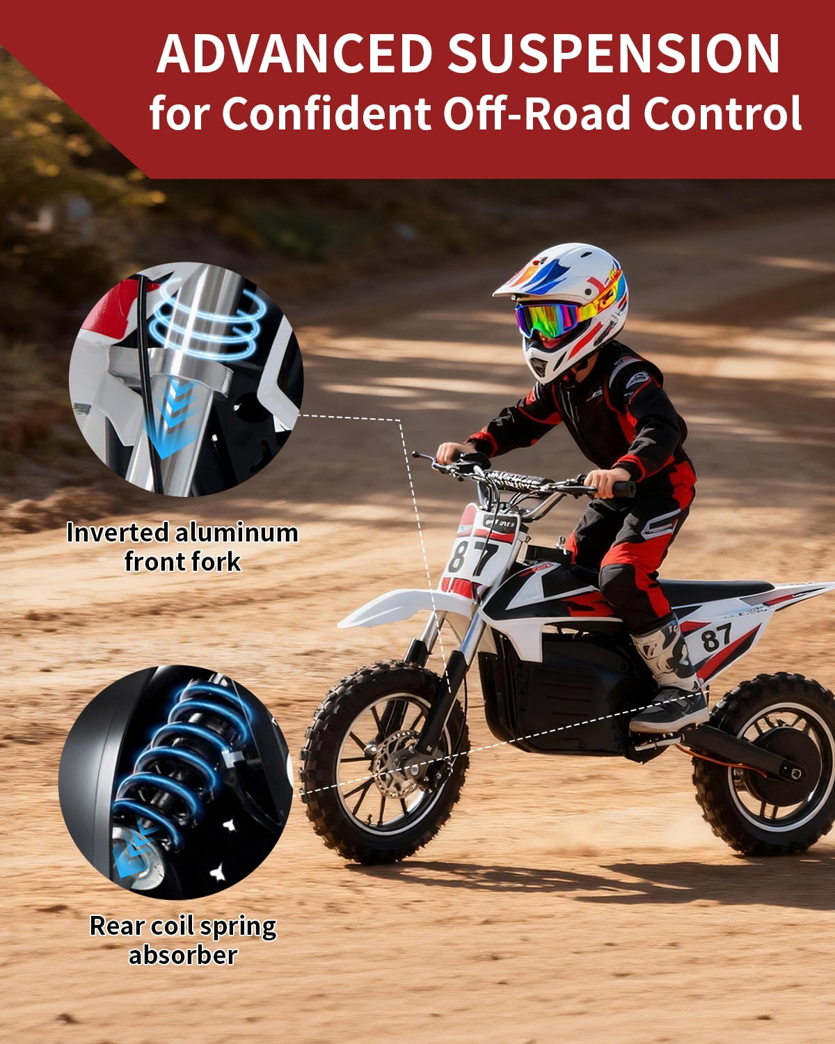 36V Kids Electric Dirt Bike for Ages 6–12, 500W Youth Off-Road Motorcycle, 17 mph, 3-Speed Modes, 7.8Ah Removable Battery, Suspension & Disc Brakes