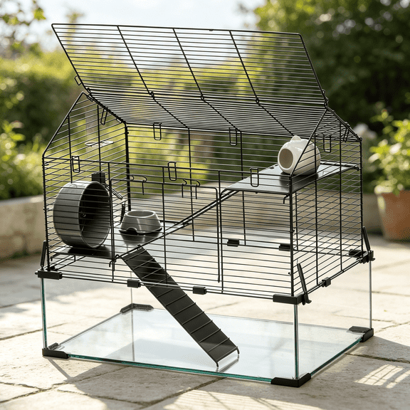 Small Animal Habitat Cage with Viewing Window for Hamsters Gerbils Mice, Black Tempered Glass Enclosure for Indoor Pet Living Space