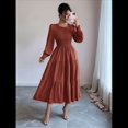 thumbnail image 4 of Vestidos de Invitada de Boda de Otoño para Mujer, con Mangas Largas Abullonadas, Fruncido, Cuello Redondo, Informal, Escalonado, Corte A, Vestido Fluido Marrón M, 4 of 7
