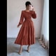 thumbnail image 4 of Vestidos de Invitada de Boda de Otoño para Mujer, con Mangas Largas Abullonadas, Fruncido, Cuello Redondo, Informal, Escalonado, Corte A, Vestido Fluido Marrón XL, 4 of 7